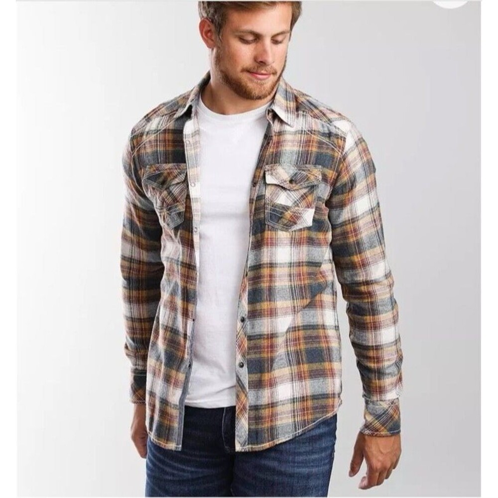 BKE Shirt Men's L Western Plaid Flannel Pearl Snap Athletic Fit Brown Gray Black